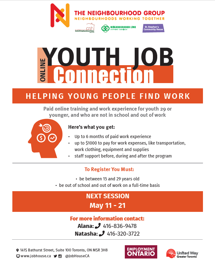 JobHouseCA's tweet image. The next virtual Youth Job Connection group starts May 11th. This program provides 3 weeks of paid workshops, up to 6 months of paid work experience and more! To register please call Natasha @ 416-320-3722 or Alana @ 416-836-9478! Register by May 5th #YouthProgram #jobhouse #jobs