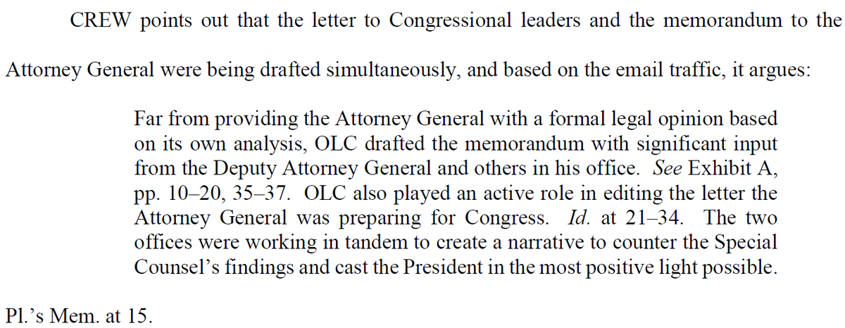 This indicates that the RR, O'Callaghan, and the Office of Legal Counsel were ALL working together with Barr to craft the "no obstruction" narrative. This is a horrifying betrayal by DOJ leadership.