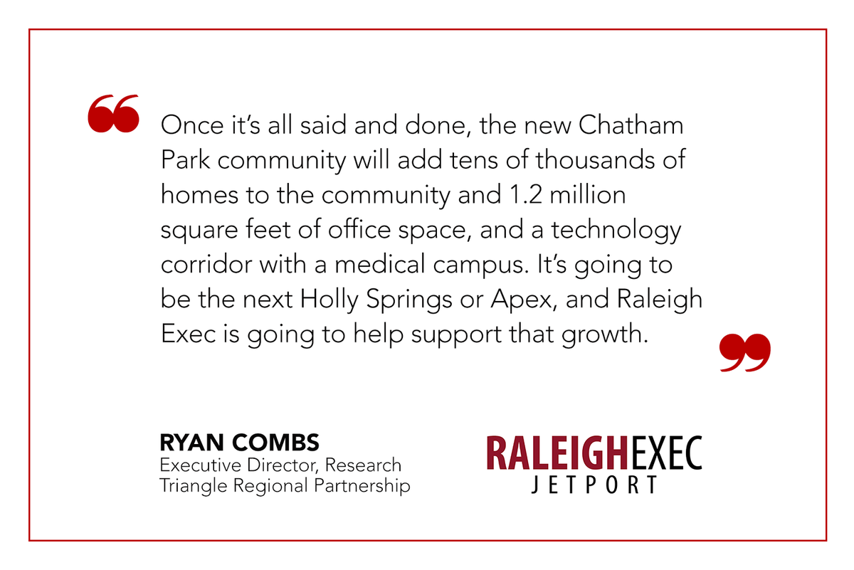 RaleighExec's tweet photo. "[Chatham Park is] going to be the next Holly Springs or Apex, and Raleigh Exec is going to help support that growth.”

#WhyRaleighExec #RaleighExec #TriangleDelivers  #ChathamPark #ChathamNC #PittsboroNC #NCBusiness #KTTA #airport @TriangleRegion @chathamedc @ChathamParkNC https://t.co/6TaLwgxLTi