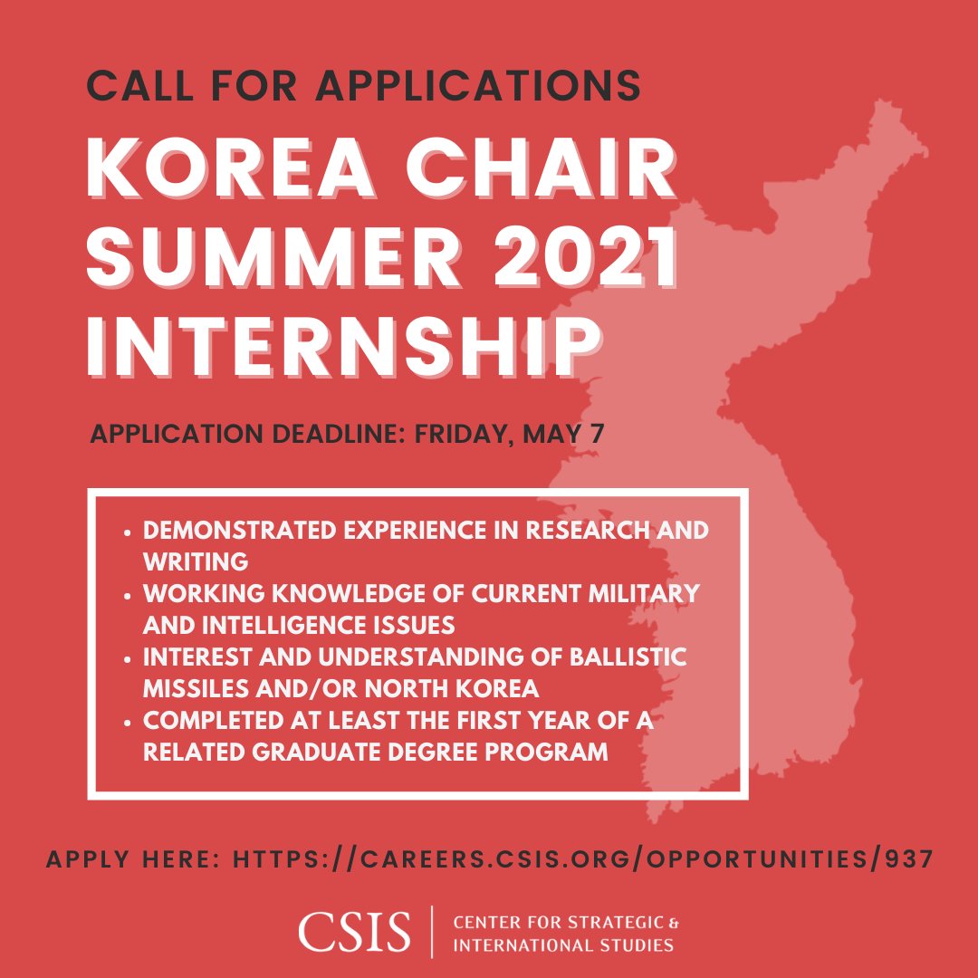 The Korea Chair is looking for a graduate research intern who has: 

- Demonstrated experience in research &amp; writing
- Working knowledge of current military &amp; intelligence issues
- An interest &amp; understanding of North Korea

Apply by this Friday, 5/7:
careers.csis.org/opportunities/…