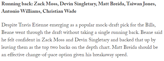 Unshockingly, it's going to be extremely difficult to parse out the main guy in Buffalo. However, as  @LateRoundQB often points out, one key factor in becoming a breakout RB is being in an ambiguous backfield. I'd put my money on Moss as the potential breakout in his second year.