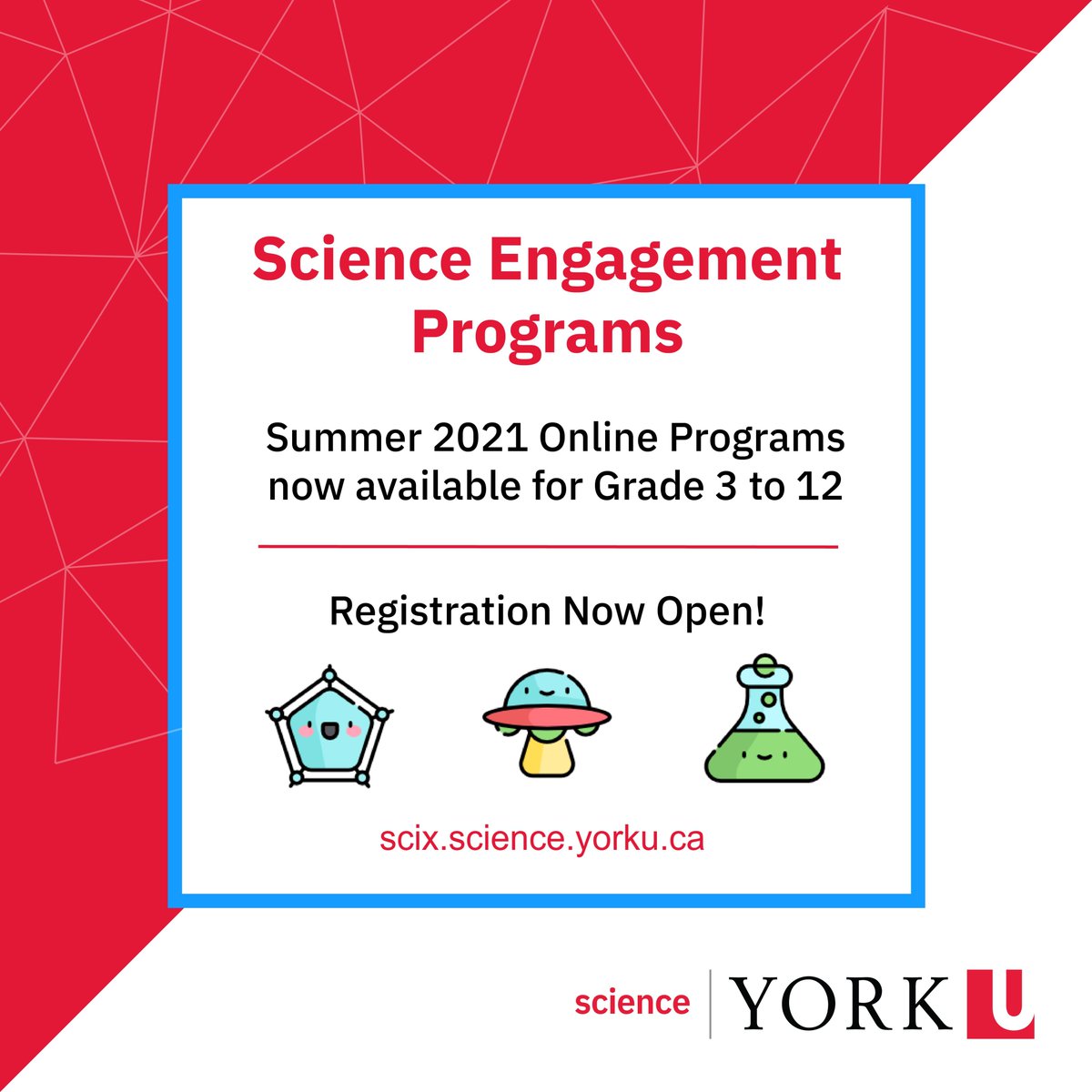 Register now for our Online Summer 2021 programs for youth in grades 3 to 12! 

With topics in medical science, astronomy, wildlife diversity and more, spots are filling up fast, so hurry! 

Visit scix.science.yorku.ca/online-summer-… for more information about what we offer.