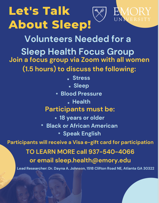 sleep_emory's tweet photo. Volunteers needed for an Emory University-led sleep health research study! ($50 electronic gift card for participation) Interested in sleep health? Join us for a virtual focus group on Zoom1.5 hrs to discuss stress, sleep, blood pressure, and health. #sleep #atlanta #emory https://t.co/wo15AXHLgs