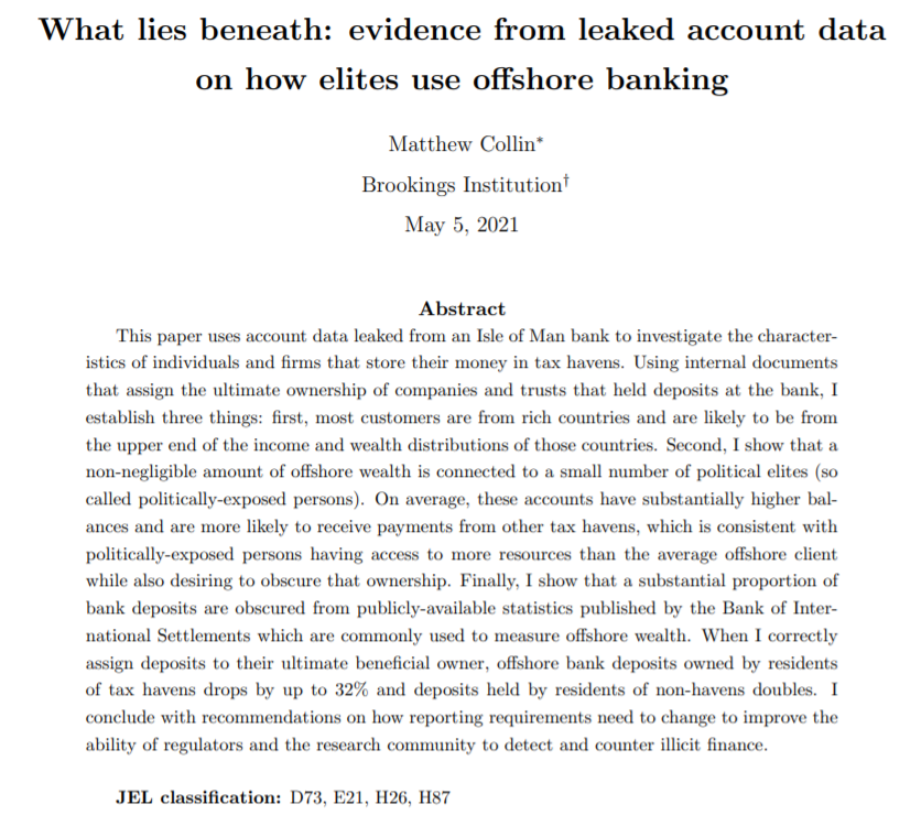 New working paper alertThe first paper out of a year-long project I've been working on using leaked offshore bank data  https://brookings.edu/wp-content/uploads/2021/05/What-lies-beneath_Collin.pdfCurious about who uses tax havens and how shell companies distort international statistics? Interested in corruption?Thread 