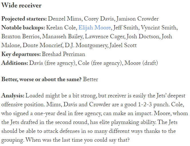 The initial projection for the Jets has 2nd-round pick Elijah Moore as a backup to start the year. Not super surprising, but keep in mind that Jamison Crowder is still a potential trade/cut candidate, in which case Moore would fit in well as the slot option.