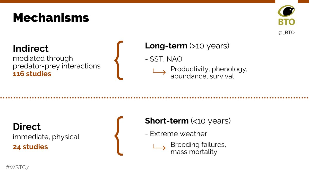 2  #WSTC7  #ClimSesh Indirect mechanisms were mediated through prey/predator interactions (116 studies), and frequently related to climate variables of SST/NAO. Direct mechanisms were immediate/physical e.g. flooding of breeding sites/temperature stress from storms (24 studies).