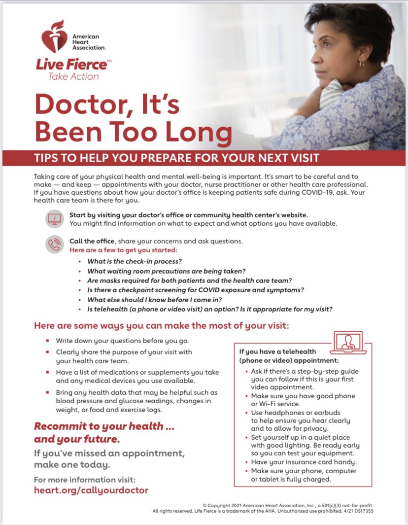 Happy Wednesday!

Let’s work on recommitting to our health &amp; contact our healthcare providers to schedule wellness visits &amp; check ups.

Check out American Heart Association “Doctor, It’s Been Too Long” tips to help prepare for our next visit.

Please share!