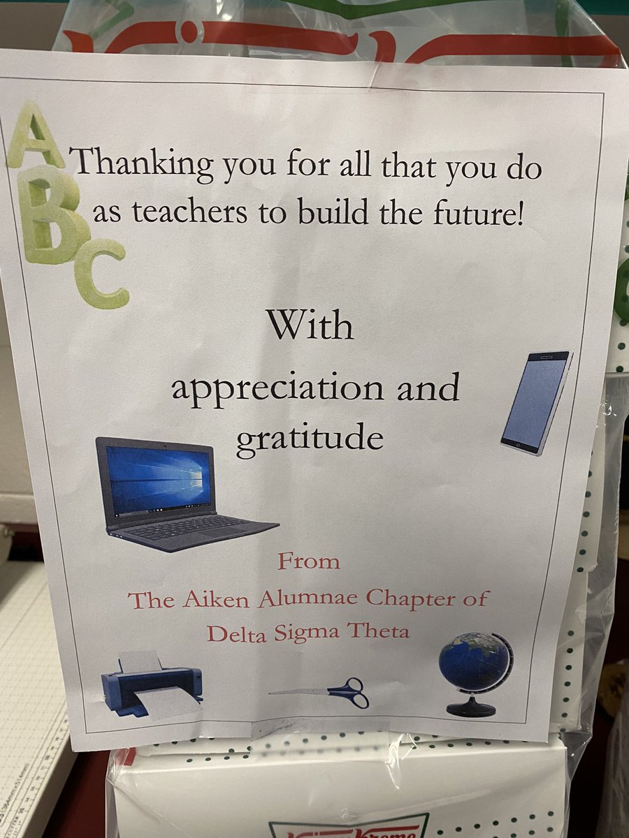 WarrenvilleElem's tweet photo. We’re so grateful to the Aiken Chapter of @dstinc1913 for showing their appreciation for our teachers with @krispykreme! #AllAboardWES https://t.co/dr8P32rjab