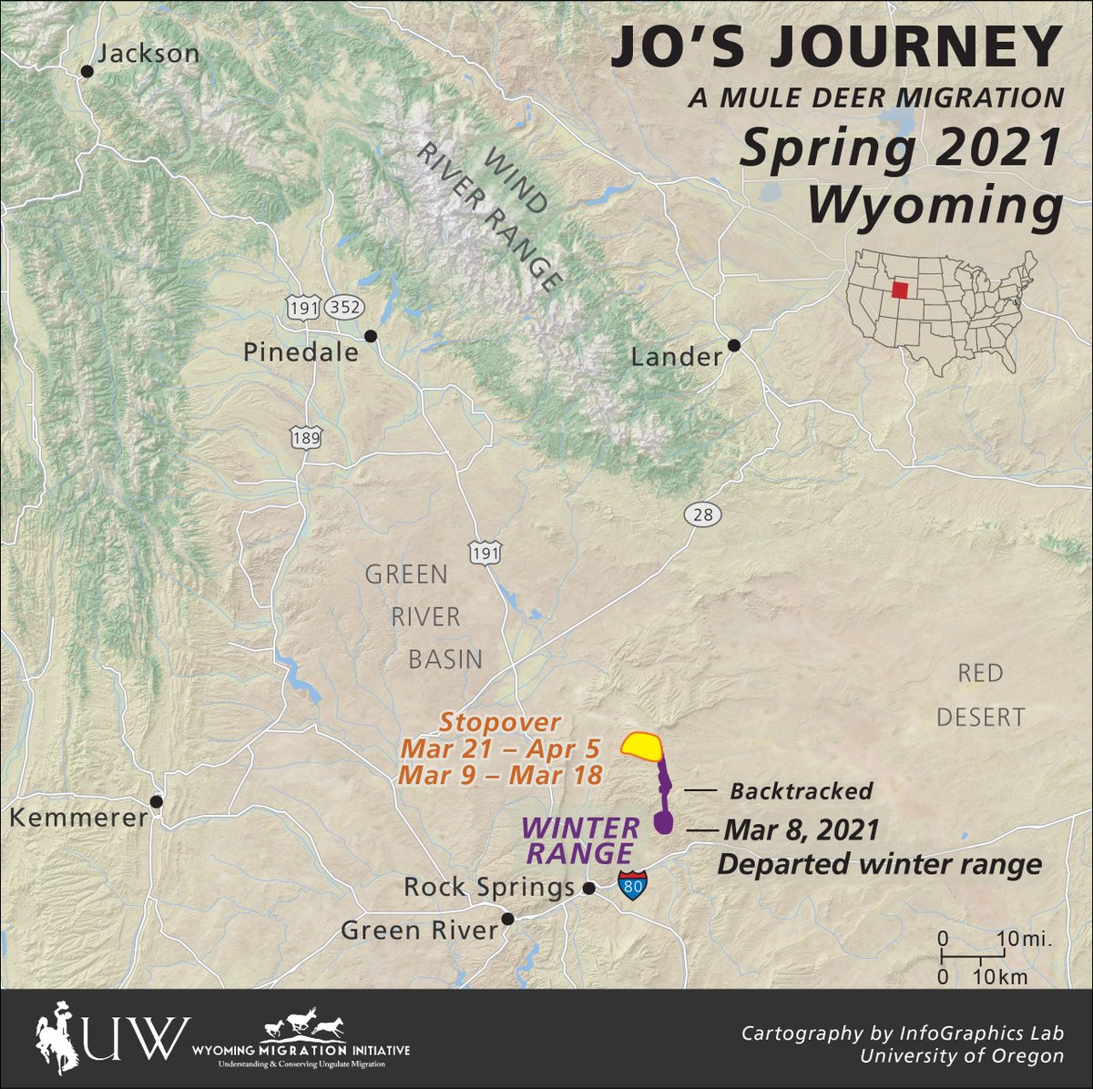 A map of Jo the deer's migration, just leaving her winter range.