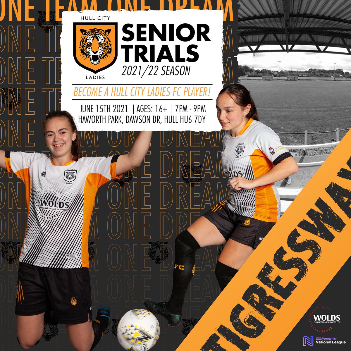 Senior Trials ⚽️🐯🚨

📆 Tuesday 15th June 2021
⏰ 7PM - 9PM
📍 Haworth Park

Become A Hull City Ladies player &amp; join the Tigresses for the 2021/22 season!

Register Interest 👇

hullcityladies.com/player-interes…

#TigressWay | #OneTeamOneDream