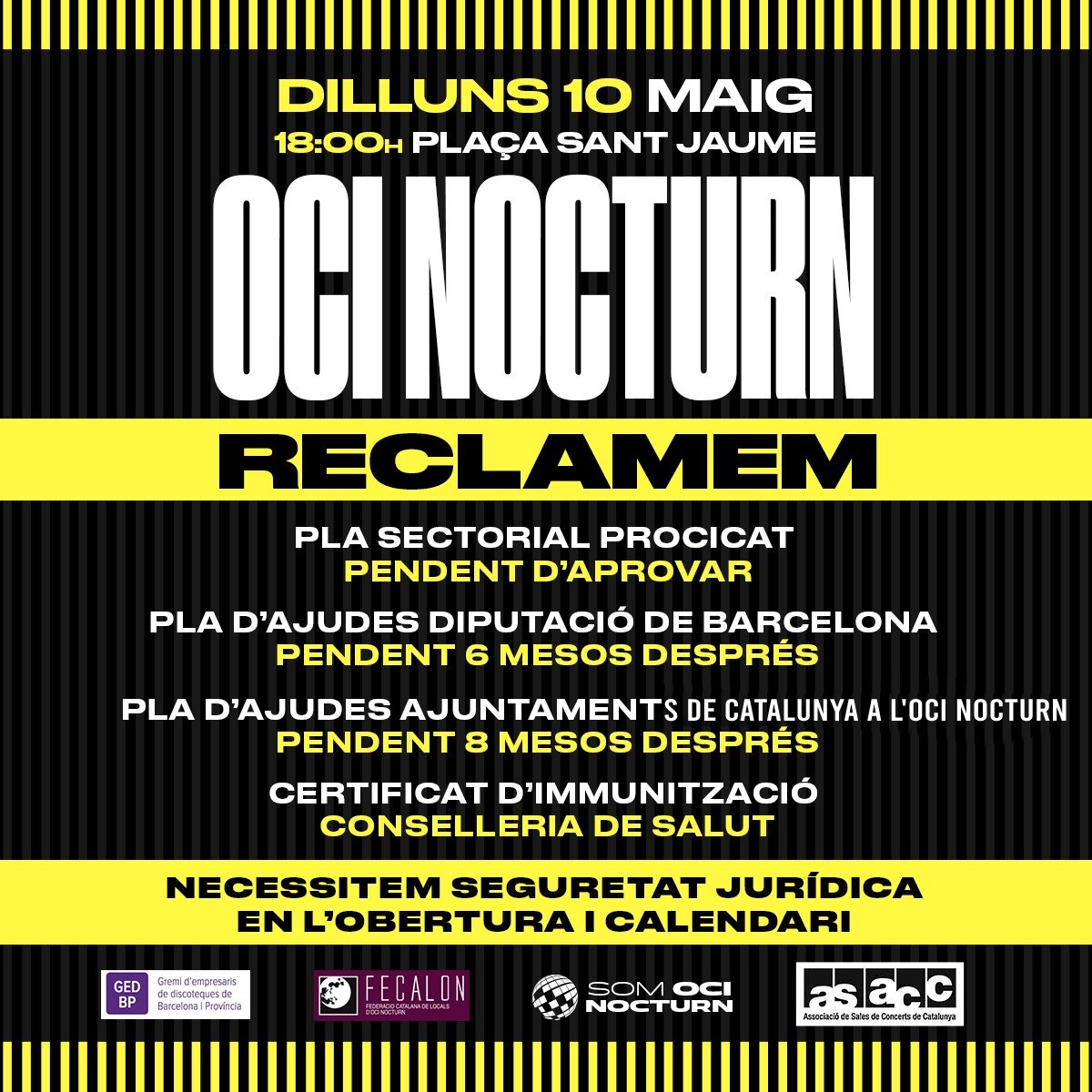 ocionocturno's tweet photo. 📢  10 de Mayo, a las 18 h, en Plaza Sant Jaume📢 El ocio nocturnoreclama: 

1️⃣ Plan de apertura Procicat.
2️⃣ Plan de ayudas de la Diputación de Barcelona (pendiente 6 meses después).
3️⃣ Plan de ayudas de los Ayuntamientos de Cataluña al ocio nocturno (pendiente 8 meses después). https://t.co/qmS09geIgR