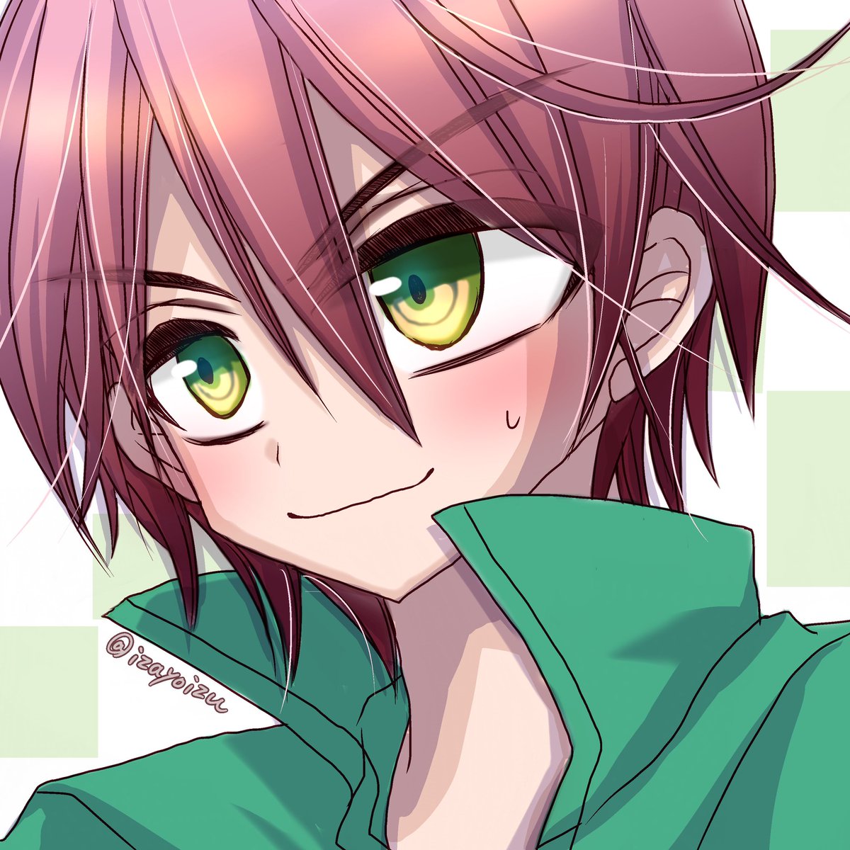 1boy solo male focus green eyes hair between eyes green jacket closed mouth  illustration images
