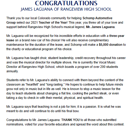 aurorak12's tweet photo. Congratulations to James Laguana, @RHSExcellence's  Vocal Music Director, for earning @schompauto's 2021 "Teacher of the Year" award! 🥳🤸‍♀️🏆 Shout out to everyone who voted. #theAteam Go, Raiders! https://t.co/bItwXttgHs