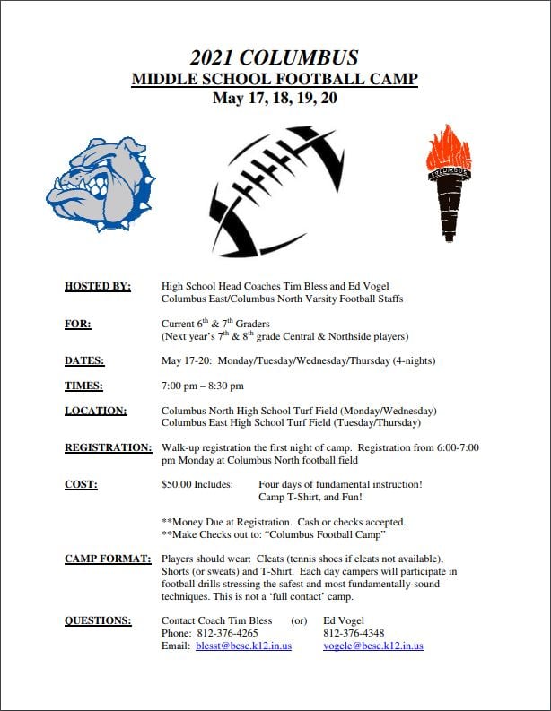 Columbus Middle School Football Camp - May 17th - 20th.  See attached flyer for more information. 
<a href="/CEHSCoachVogel/">Eddie Vogel</a> <a href="/OlympiansAD/">Pete Huse</a>