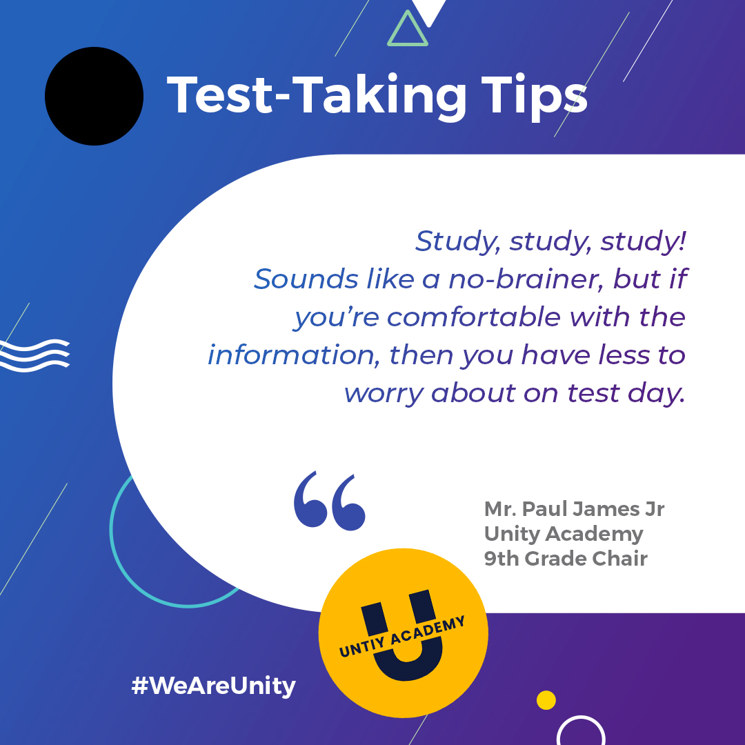UnityAcademy3's tweet image. It's that time of year again! Testing is upon us, and we want to offer some encouragement. Tip #1: Study! The more prepared you are the less you'll worry.

#testing #test #instagood #summer #standardizedtest  #collegeadvice  #getintocollege  #applytocollege