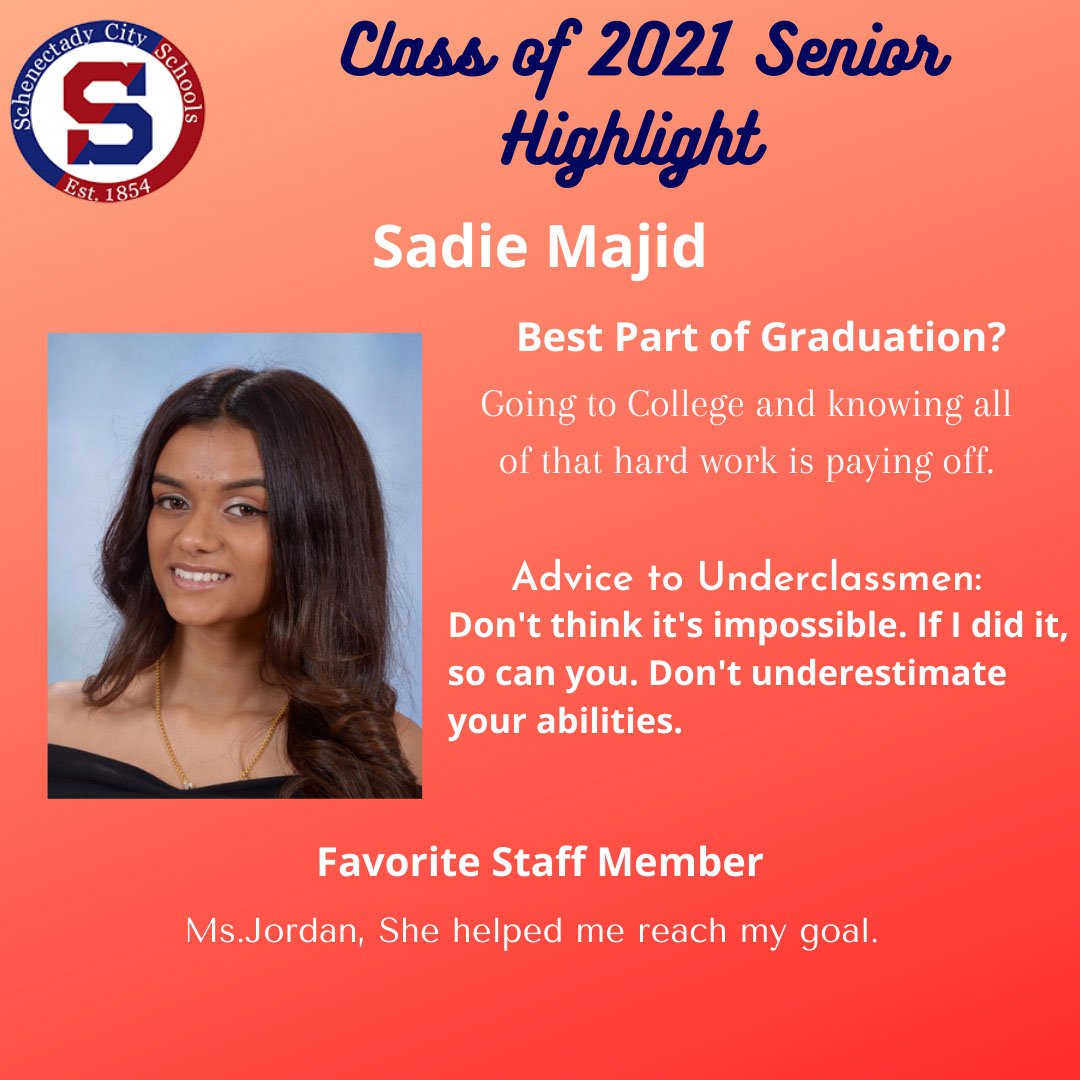 SCSchools's tweet image. Congrats &amp;amp; best wishes to Sadie Majid, SHS Class of 2021 Highlight🤓Keep up the great work Sadie.  She said it right... hard work pays off.  Sadie also has some great advice for underclassmen 😎🙌🙌  #neverunderestimateyourself #HardWorkPayingOff #schenectadyvibes #shsclassof2021