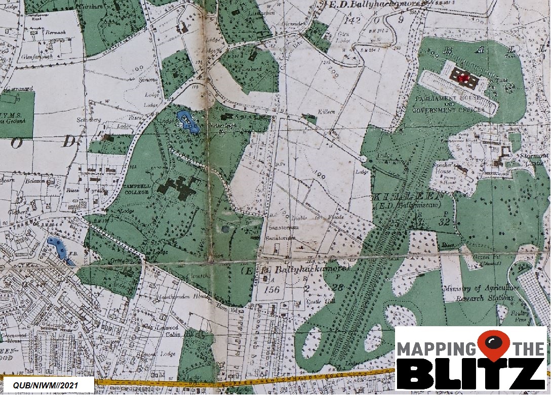 The Stediplan von Belfast 'Target Map' shows clearly marked symbols detailing military, industrial & civil infrastructure targets including Parliament House at Stormont, directly targeted during the raids. Based on contemporary mapping it was instrumental in raid 'success' 4/