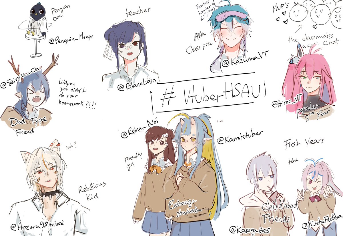 So today I doodled my friends and I in a vtuber highschool AU ! It was really fun to do ! Feel free to join the school with #vtuberHSAU ♥

#karrotverse #MeepsArt #RKGKagi #Kazumart #kARTsuga #Flubbart #BlancArt #青竜ART #aomiart  #ReinaFanart