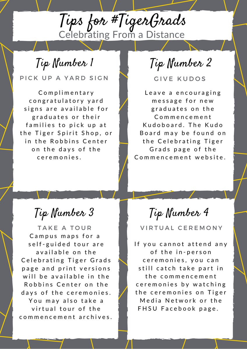 FortHaysState's tweet image. 🎉 We are just over a week away from the Spring 2021 FHSU Commencement and we have a few tips for our graduates who will be celebrating from a distance! 

For more information on commencement please visit hubs.ly/H0MG2cK0 #fhsu #TigerGrads