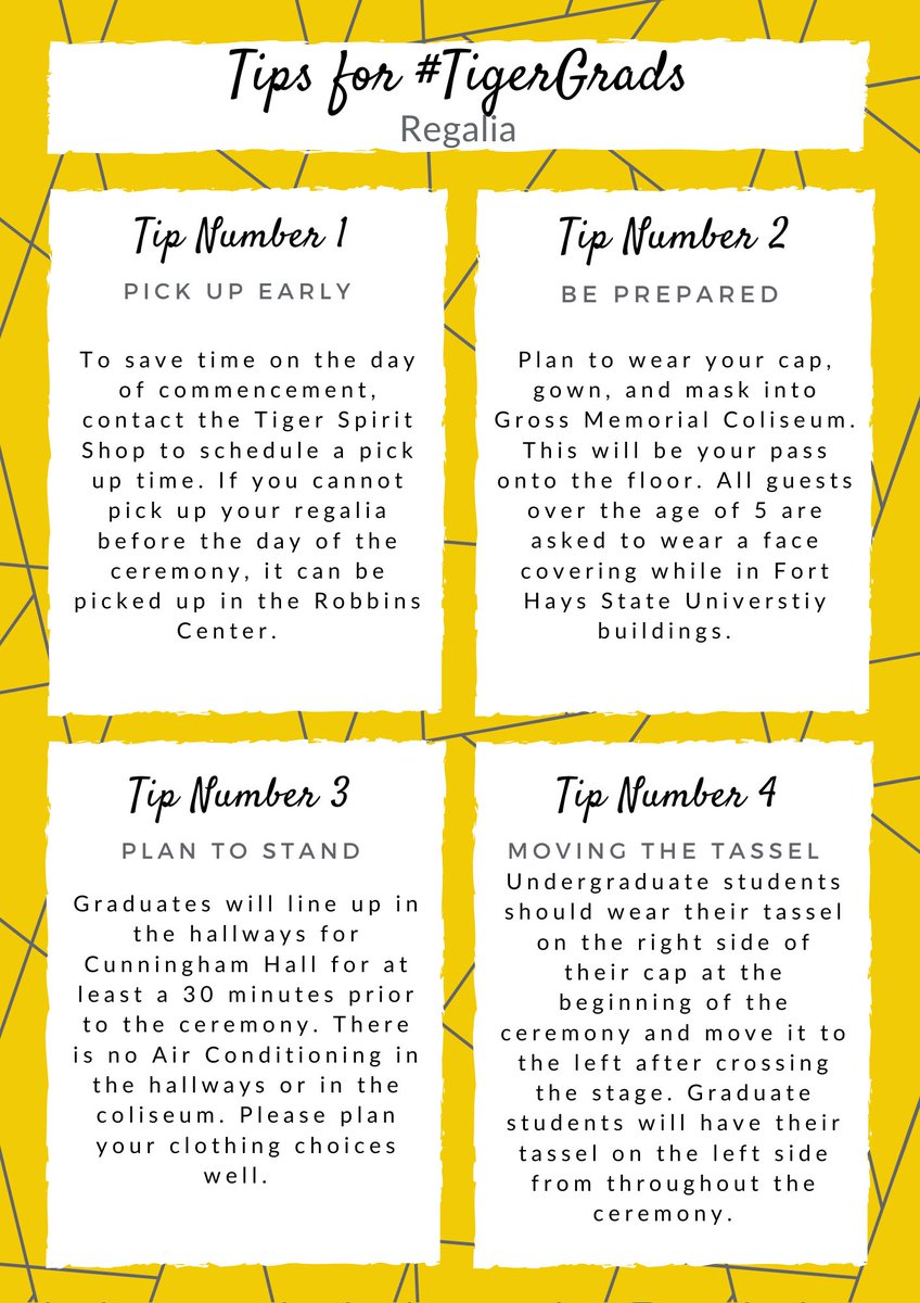 FortHaysState's tweet image. 🎉 We are just over a week away from the Spring 2021 FHSU Commencement and we have a few tips for our graduates who will be crossing the stage! 

For more information on commencement please visit hubs.ly/H0MG03T0 #fhsu #TigerGrads