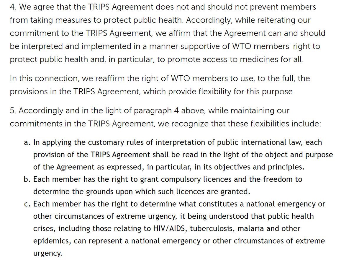 And remember: in interpreting these provisions, we must have in mind the TRIPS Principles and Objectives and, in case they are insufficient, the 2001 Doha Declaration, which states TRIPS "does not and should not prevent members from taking measures to protect public health". 5/