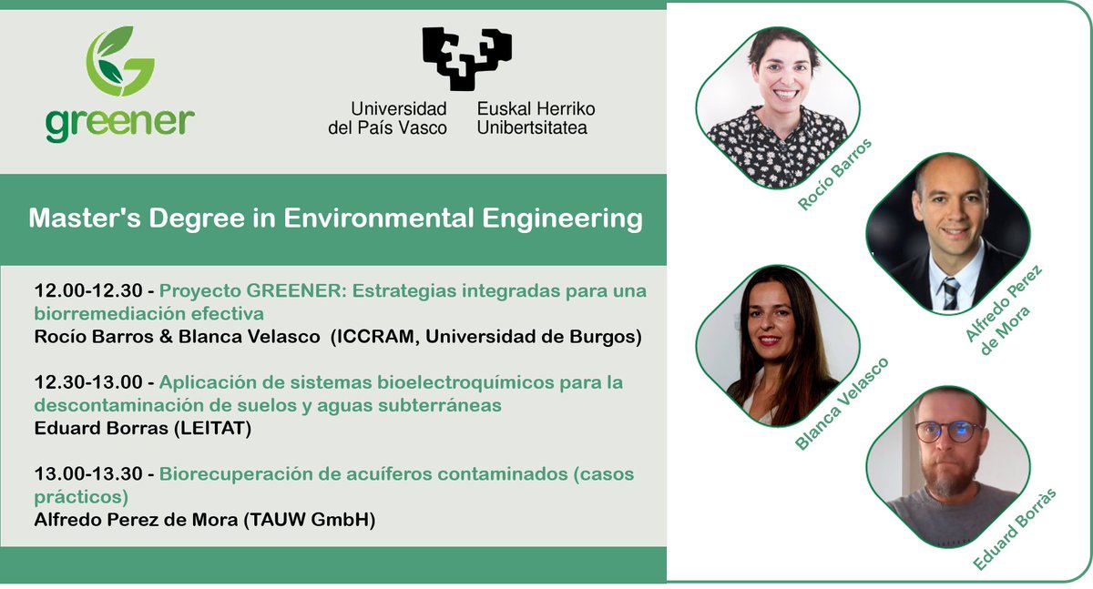 GreenerH2020's tweet photo. @GreenerH2020 Project partners gave presentations at the Master's Course in Environmental Engineering of the #UniversityoftheBasqueCountry.
Please find below the presentations and the speakers.
#GREENER #H2020 #lectures #mastersdegree #UBU #LEITAT #TAUW https://t.co/5KVoKQCaJc