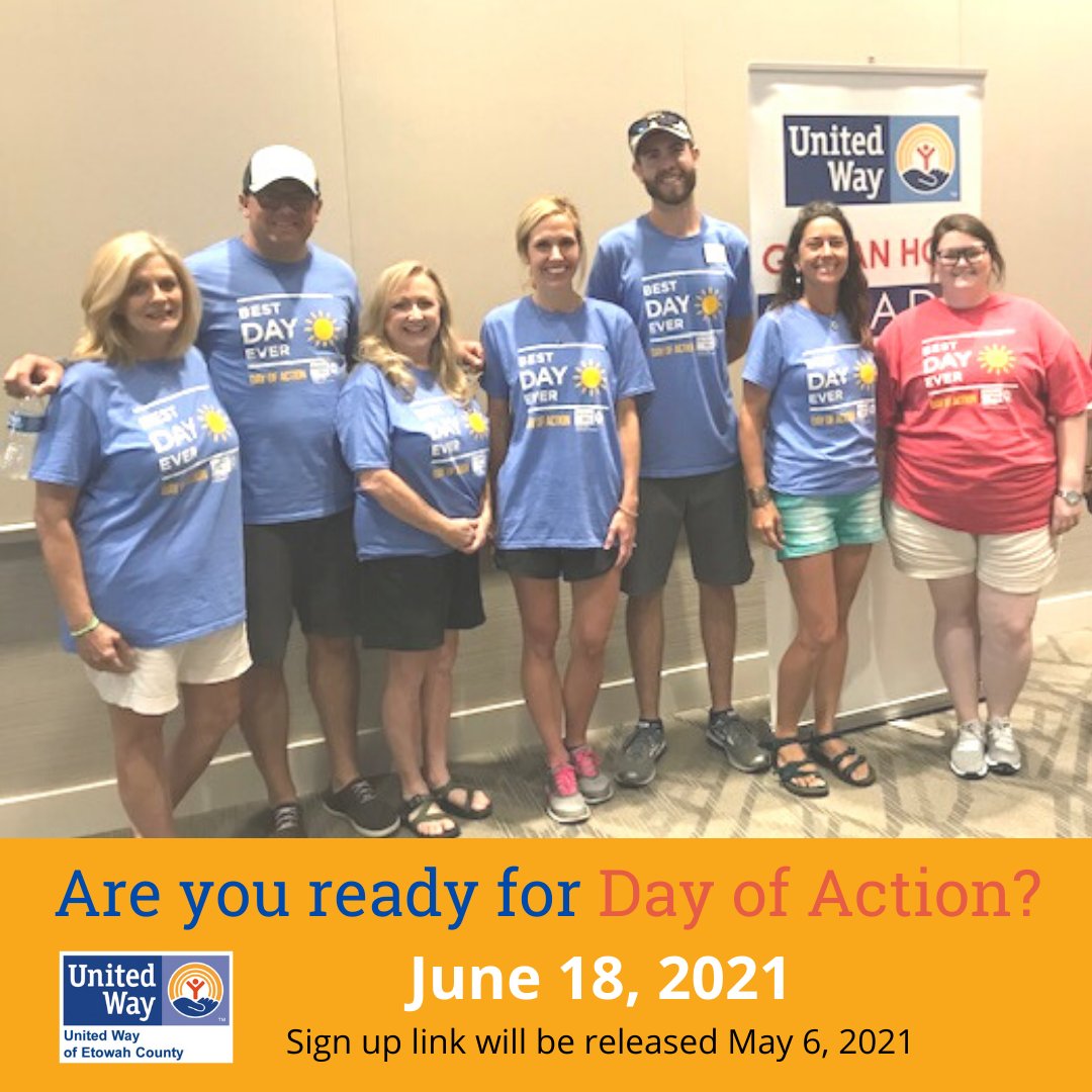 It's almost time for United Way of Etowah County's Day of Action.  The sign up link will be released tomorrow.  Get your team ready and find your favorite school or agency to volunteer for a day of service.  Save the date - June 18, 2021!!  #dayofaction2021  #uwoec  #LiveUnited