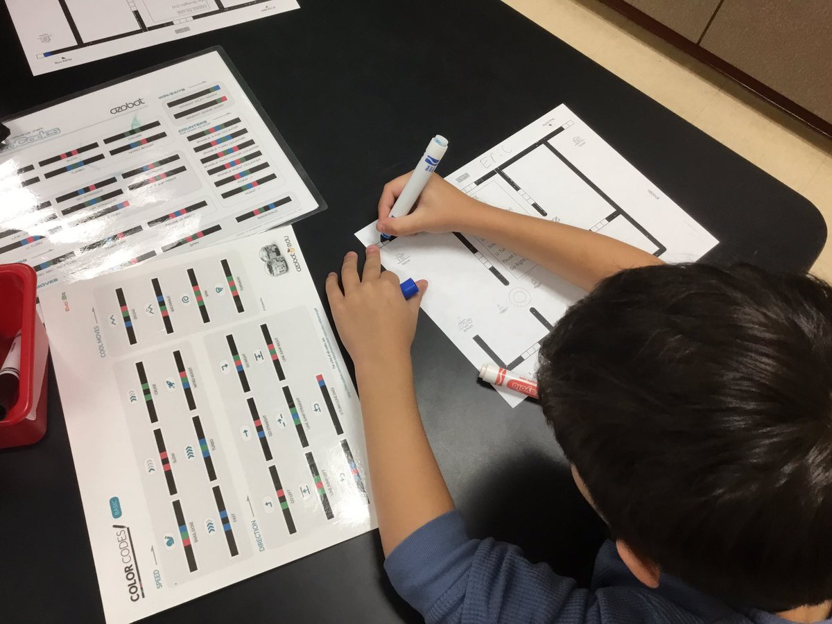 gesmakerspace's tweet image. First graders have to think logistically to code Ozobot so the bot keeps moving despite construction zones!