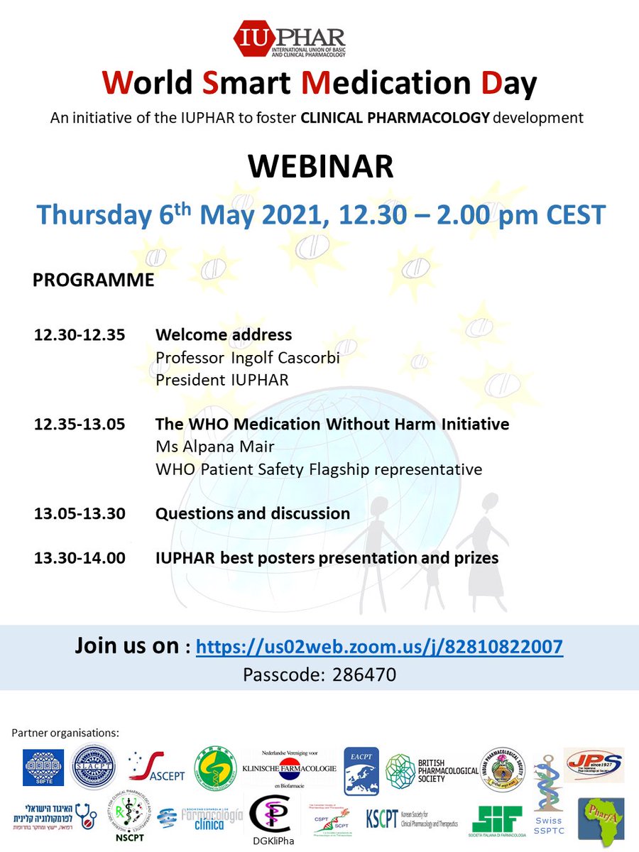 Join us for the launch of @IUPHAR World Smart Medication Day #WSMD on 6th May at 12:30pm CEST on Zoom - Raising Awareness on Safer & More Effective Use of Drugs. Poster Prize-Winners will be announced! @SIFfarmacologia @ASCEPTanz @BritPharmSoc @SFPT_fr @EACPT @ASCPT_ClinPharm