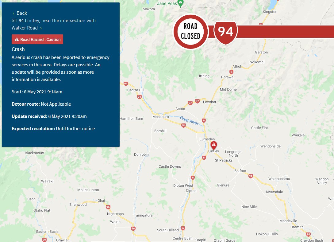 SH94 LUMSDEN, SOUTHLAND - SERIOUS CRASH - 9:40AM
Due to a serious crash, the state highway is CLOSED south of Lumsden near Walker Rd. A helicopter and SCU are en route. Please follow the directions of contractors on site to detour. ^AL https://t.co/QMFgEUUznB