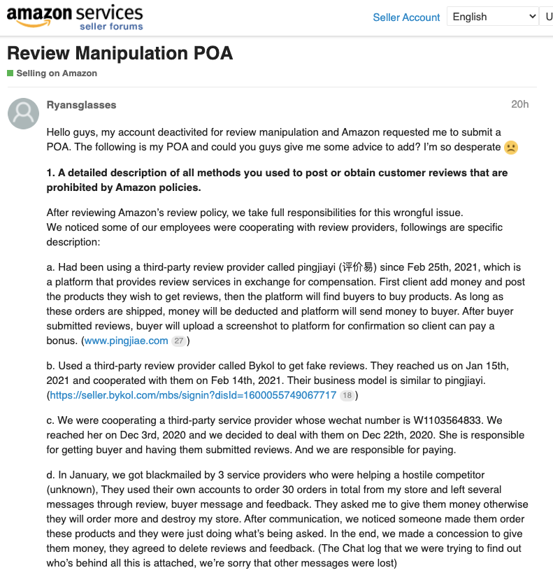 Molson_Hart's tweet image. This Amazon seller was suspended by Amazon for review manipulation.

He decided to post his apology, admission of guilt, and plan of action in the Amazon Seller Forums to solicit feedback on how he could improve it so that he could get his account reinstated.