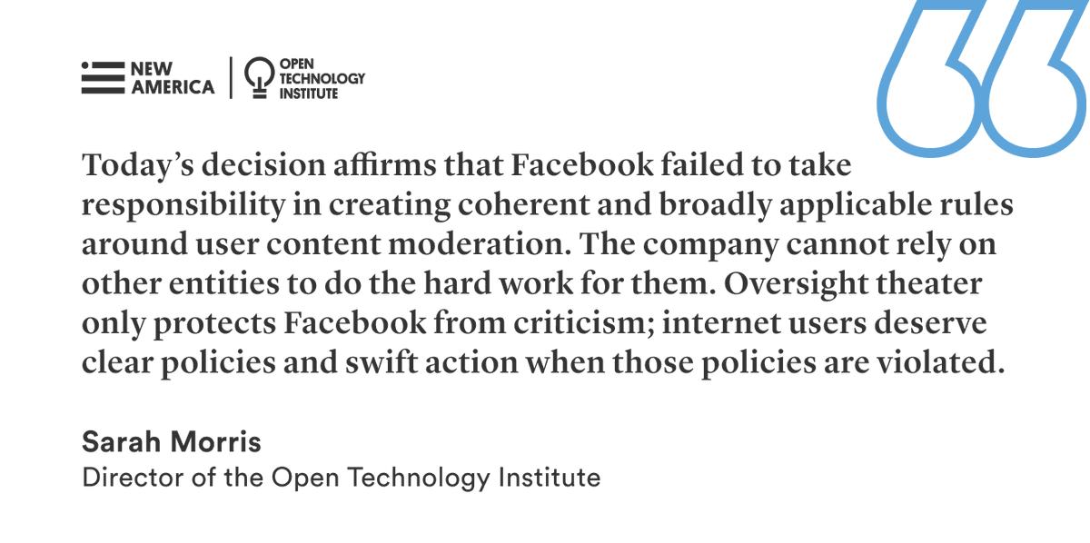 The @OversightBoard is right to uphold @Facebook's Trump deplatforming, and to require the company to publish criteria for restoring a suspended account. Read our full statement from @sarmorris: newamerica.org/oti/press-rele…