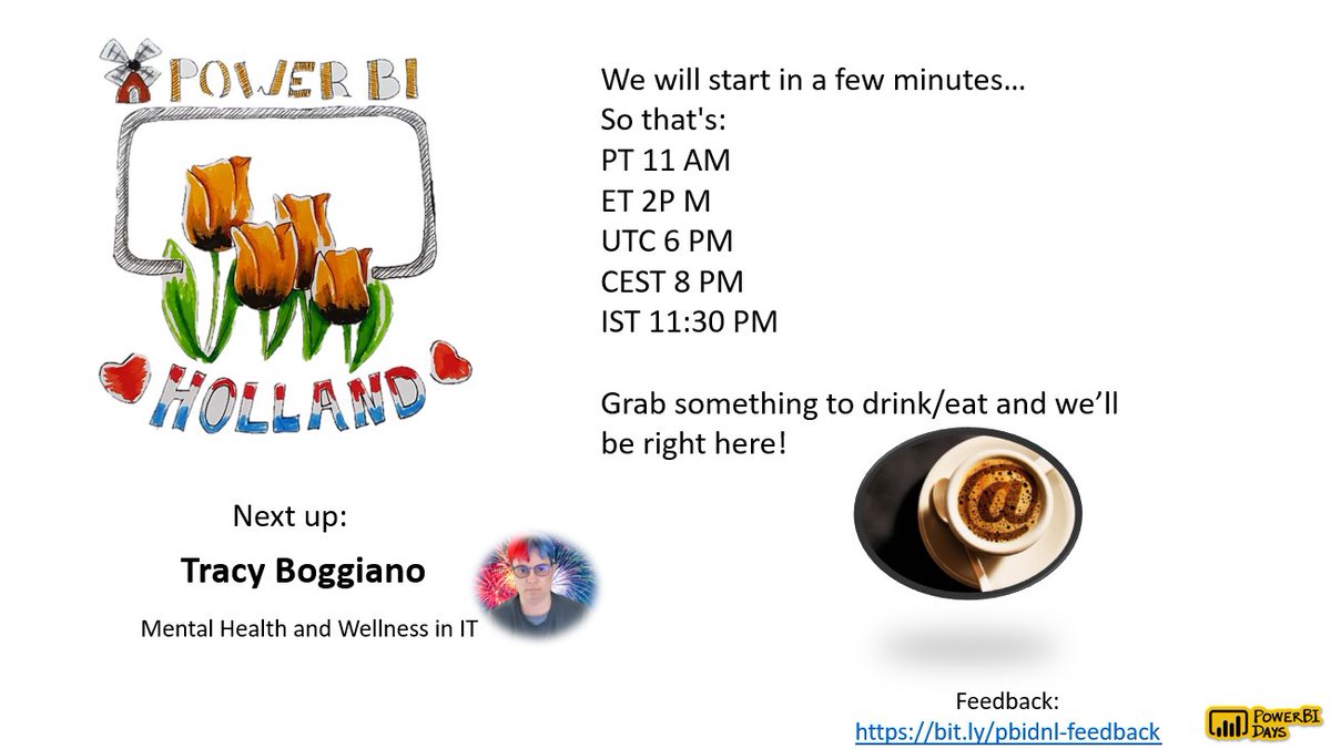 In just over 30 minutes we are going to have <a href="/TracyBoggiano/">Tracy Boggiano 🛡</a> enlighten us by telling her own story about Mental Health and Wellness in IT.

You can join the Teams meeting directly by using this link: pbi.to/0505-join
<a href="/powerbidaysNL/">Power BI Days Netherlands</a> <a href="/powerbidays/">Power BI Days</a>