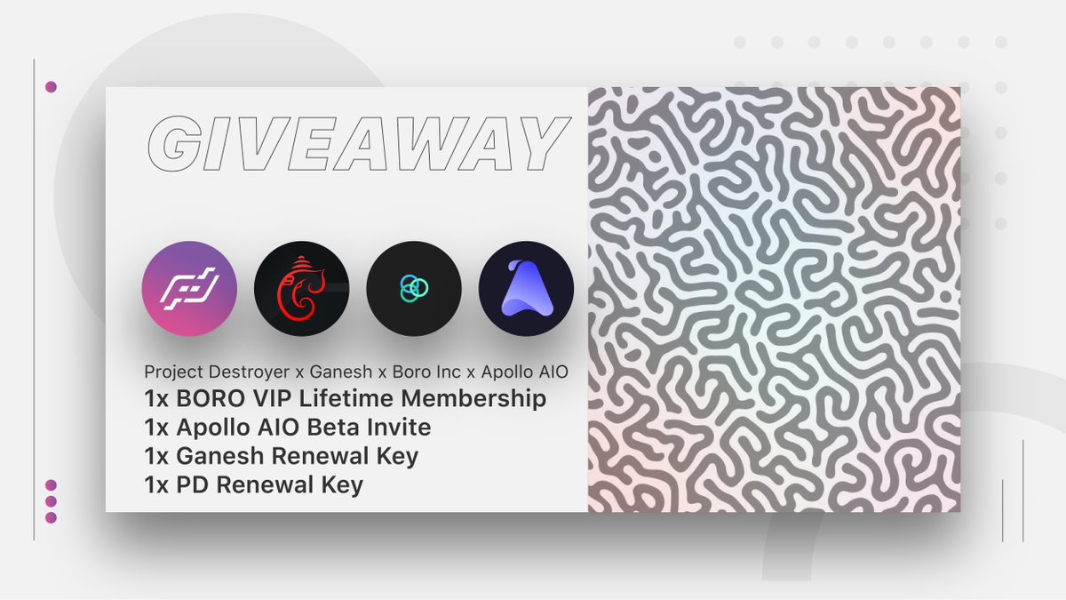 Project Destroyer (@destroyerbots) on Twitter photo HUGE GIVEAWAY! π₯³
LOTS of Prizes, a few lucky people will win!
1x PD Renewal Key
1x Ganesh Renewal Key
1x ApolloAIO Beta Invite
1x BORO VIP LIfetime Membership
π Follow <a href="/destroyerbots/">Project Destroyer</a>, @BoroInc, @TheGaneshBot, @ApolloAIO
π Retweet this Tweet!
That's it! Good Luck! π HUGE GIVEAWAY! π₯³
LOTS of Prizes, a few lucky people will win!
1x PD Renewal Key
1x Ganesh Renewal Key
1x ApolloAIO Beta Invite
1x BORO VIP LIfetime Membership
π Follow <a href="/destroyerbots/">Project Destroyer</a>, @BoroInc, @TheGaneshBot, @ApolloAIO
π Retweet this Tweet!
That's it! Good Luck! π