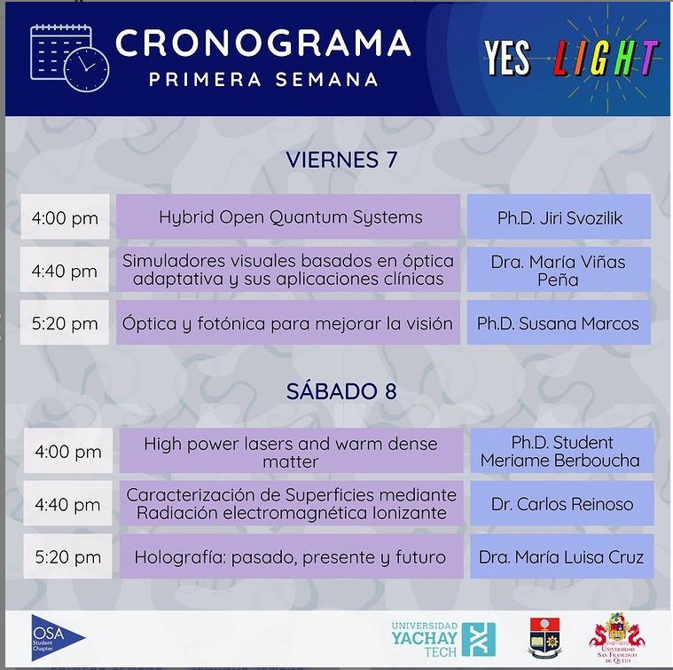 YES LIGHT! Jornadas de Divulgación de Óptica!! No os perdáis el estupendo programa del mes de la luz #IDL2021 <a href="/IDLofficial/">International Day of Light 16 May</a> organizado por OSA chapters Ecuador <a href="/OpticalSociety/">The Optical Society now Optica</a> ++info: fb.me/e/HGwRCZNg #Optics #Photonics