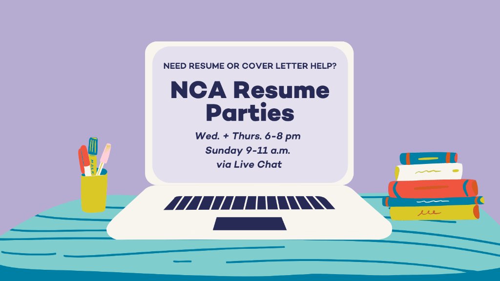 NUCareerAdvance's tweet image. For quick questions on resumes or cover letters, no need for an appointment! Students can attend an NCA Resume Party and meet with our Career Ambassadors (CAs), Wednesdays &amp;amp; Thursdays, 6-8pm CT, and Sundays 9-11am CT via NCA Live Chat: spr.ly/6014HAYQq