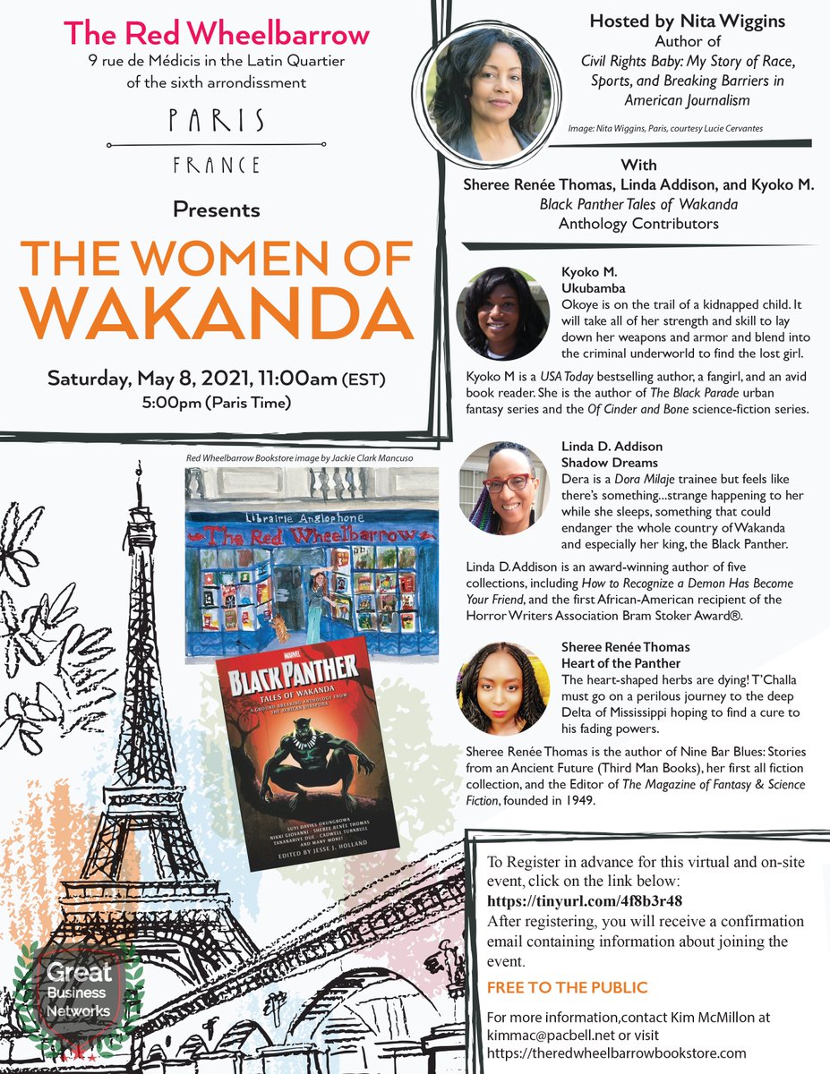 GreatBookSource's tweet image. The Women of Wakanda Virtual Program 
Register here - tinyurl.com/4f8b3r48
Please join us at The Red Wheelbarrow Bookstore in Paris, France for a virtual discussion on the role of women in the Black Panther Tales of Wakanda anthology edited by Jesse J. Holland