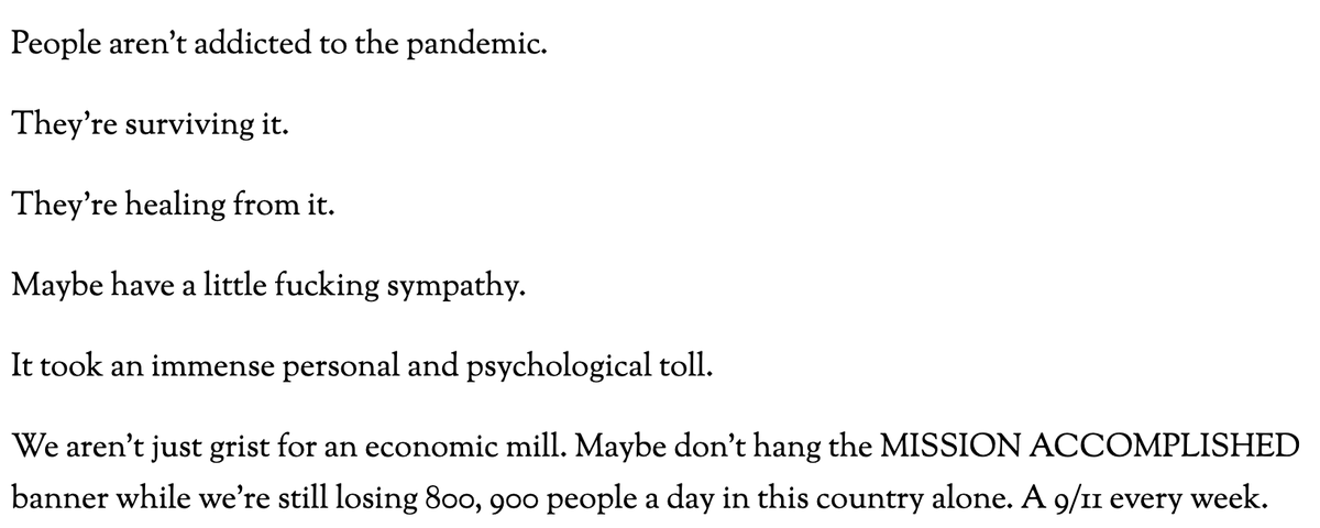 What I love most about Chuck's essay is that it makes 2 great counterpoints captured in this one perfect passage. The idea that we need mass "optimism" to overcome collective trauma is insulting and cynical, much less that we are "addicted" to said trauma.