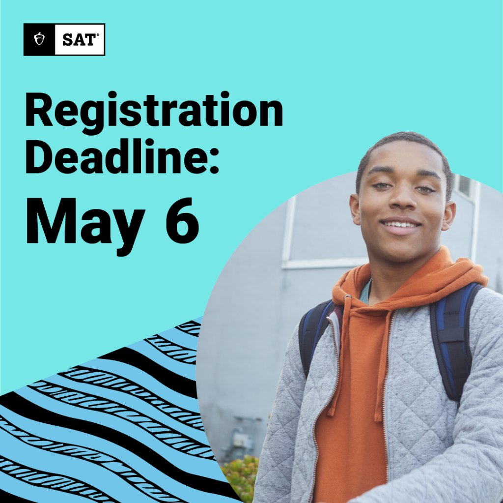 OfficialSAT's tweet photo. Deadline alert: The regular registration deadline for the June SAT is tomorrow, May 6. https://t.co/l3Ju4XEsZ0 https://t.co/vpgEepYJhH