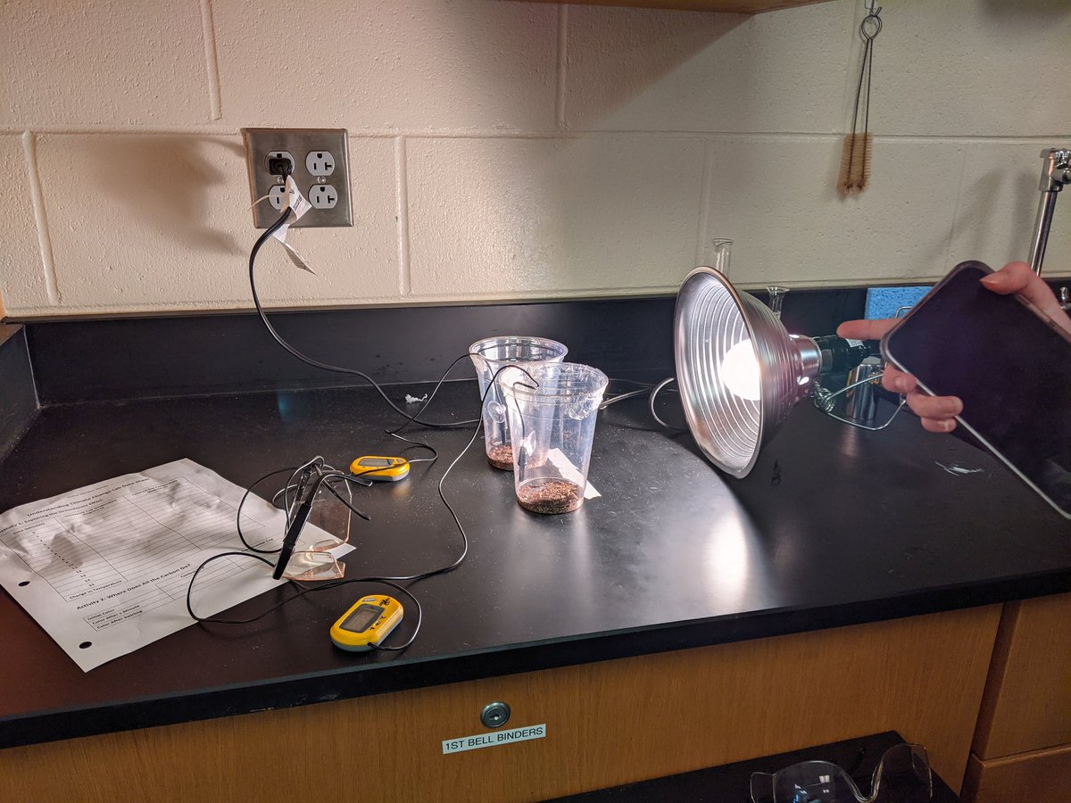 Biology sts work on a climate change lab to explore the greenhouse effect by measuring temperature of sealed and open containers with heat lamps! #NGC2024 <a href="/Milford_Schools/">Milford Schools</a> @MHS_Kauffman