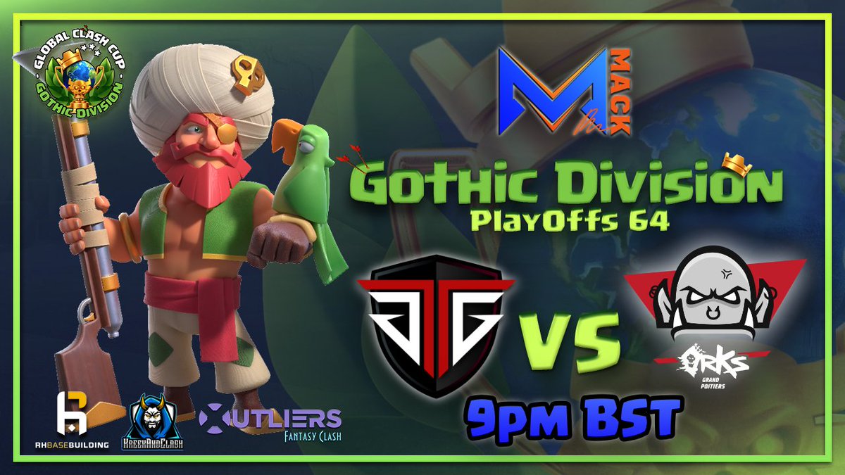 The final 64 of the <a href="/GlobalClashCup/">Global Clash Cup</a> Gothic Division kicks off tonight at 9pm BST / 4pm EDT with  <a href="/TitanGGaming/">Titan Global Gaming</a> (formally @ExiT_coc)  vs <a href="/orKsGP/">orKs Grand Poitiers</a> 

twitch.tv/mackenzro