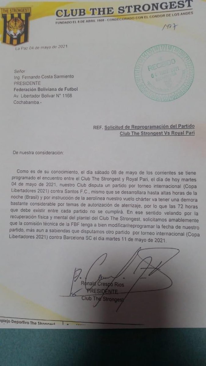 @ClubStrongest pide re programación del partido  con #RoyalPari. Empezó la chacota en la #DivProfesional, como le re programaron y sin argumento valedero al equipo de Costa, seguramente los otros clubes buscarán también re programar sus partidos con o sin argumentos justificables