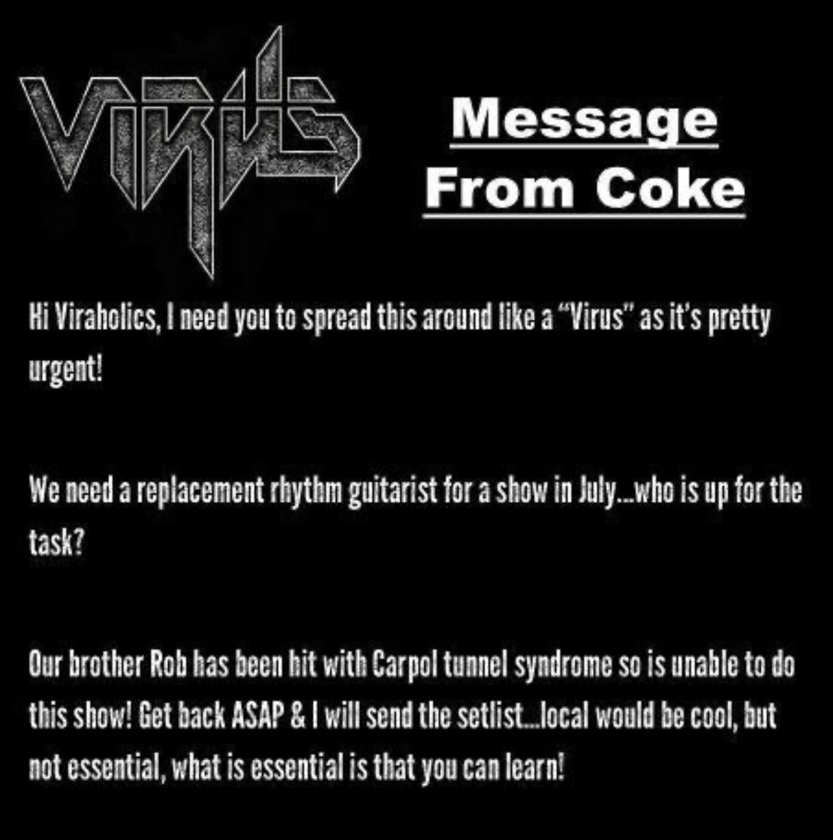 Top Scottish Thrashers <a href="/virusthrash/">Virus (UK Thrash)</a> need a guitarist to help with a gig due to injury.
If you play guitar, get in touch with @cokefinlaymrvirus and the team at <a href="/virusthrash/">Virus (UK Thrash)</a> 

#metal #metalhead #thrash #thrashmetal #thrashguitarist