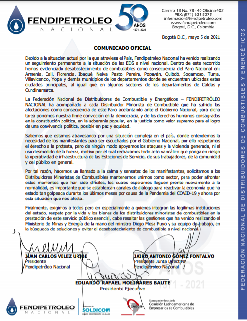 Fendipetroleo's tweet photo. Comunicado Oficial 📢
Fendipetróleo Nacional  ha acompañado a cada Distribuidor Minorista de Combustible que ha sufrido las
afectaciones como consecuencia de este Paro Nacional⛽️

@jcvelezuribe @MinEnergiaCo @lafmdeleje @radiounopereira @HENRYFOREROJ @RCN980cali @RCNPereira https://t.co/iKWwGsdonf