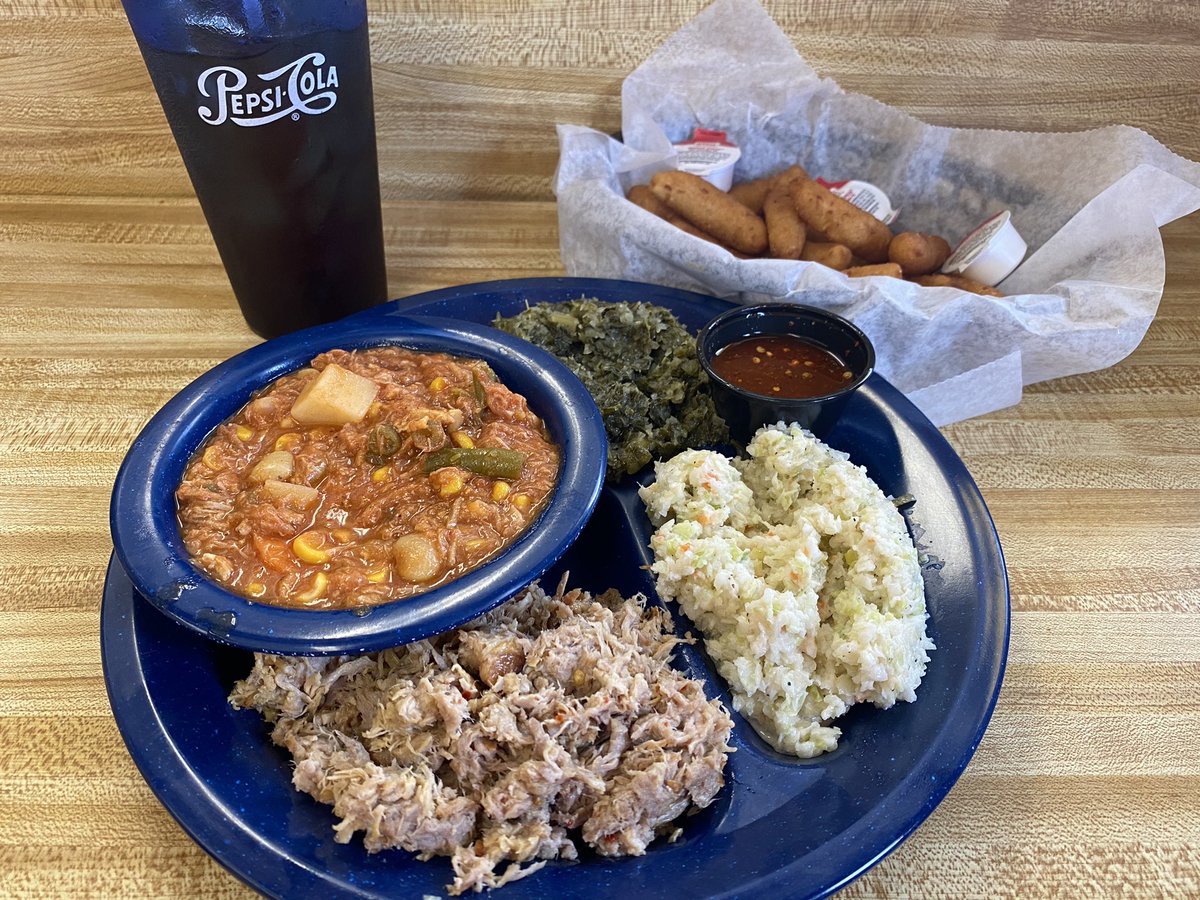 Loving these hush puppies and Brunswick stew at Old Time Barbecue in Raleigh. Good pork, slaw, and spicy sauce too. – bei  Ole Time Barbecue