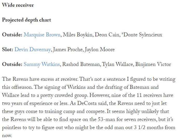 It'd be a damn shame if Bateman ended up stuck behind Watkins. I think Baltimore would be much better suited shifting Watkins to the slot as he spent nearly half of his snaps in the slot in the past two years (per PFF).