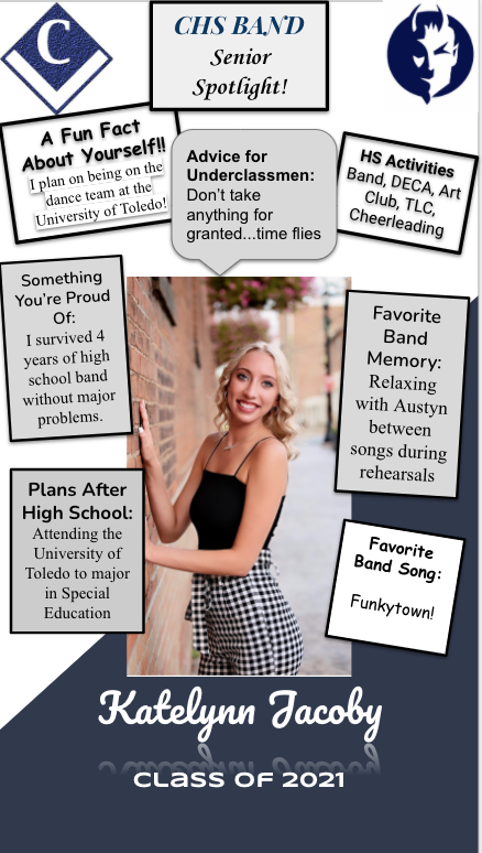 CareyBands's tweet photo. CHS Band Senior Spotlight #1 - @katelynnjacoby #prideofcarey #classof2021 https://t.co/NAZBT0xbBz