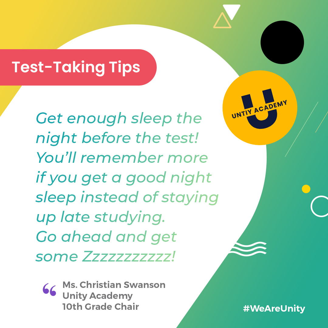 UnityAcademy3's tweet image. Get Rest For The Test!  For all our night owls, remember, the more rest you get the better you'll perform on the test.  You'll remember more information if you just study ahead of time and get a good-night's sleep.

#GetYourZzz #SleepTight #GetRestForTheTest
