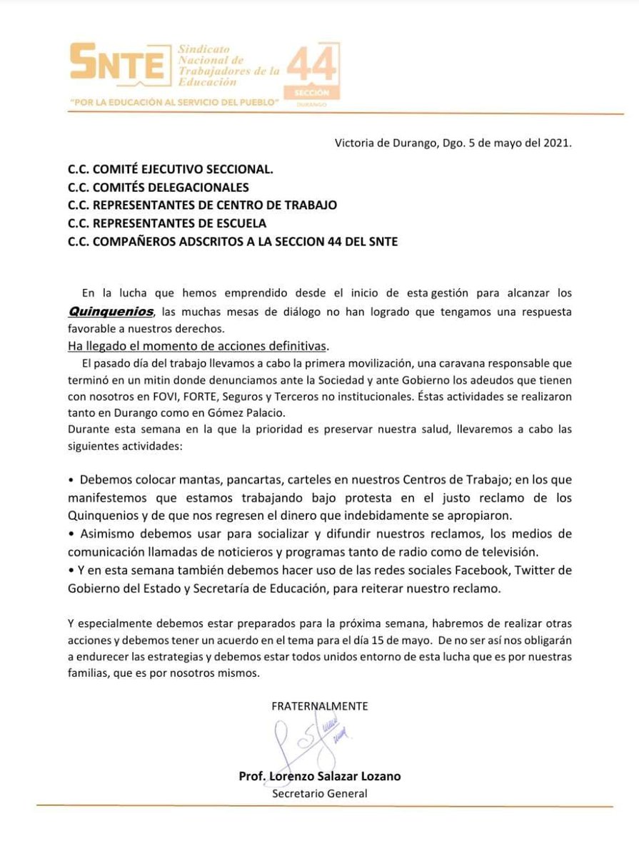 44Seccion's tweet photo. #SNTEporLosDerechos 

🔴COMUNICADO 
👉Al Magisterio Estatal de #Durango

#TodosSomosUno #UnoSomosTodos #SNTEcontigo @SnteNacional @gobdgo https://t.co/SMLNjQocz9