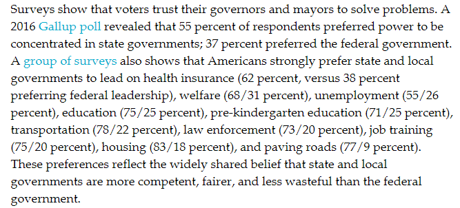 Surveys show that voters overwhelmingly prefer state and local governments on issues like health care, unemployment, welfare, education, pre-k, housing, and transportation. And yet Washington is right now federalizing much of what's left of local control here. (4/)